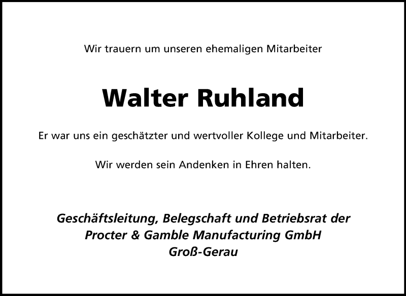  Traueranzeige für Walter Ruhland vom 22.11.2013 aus Rüsselsheimer Echo, Groß-Gerauer-Echo, Ried Echo