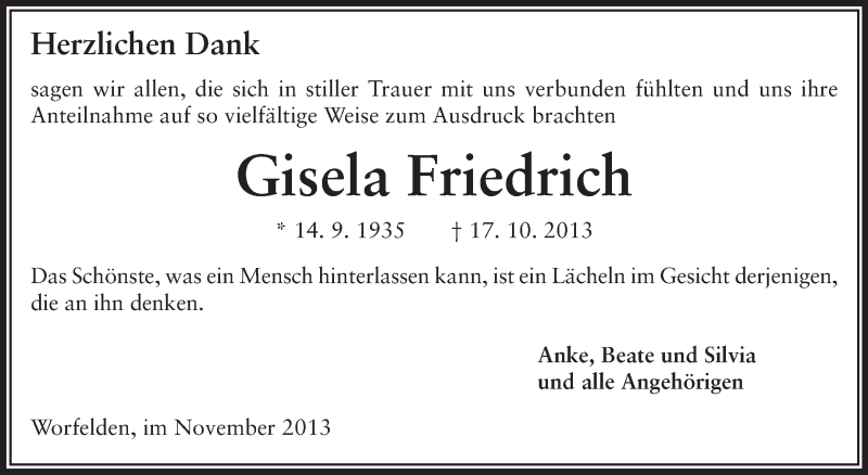  Traueranzeige für Gisela Friedrich vom 22.11.2013 aus Rüsselsheimer Echo, Groß-Gerauer-Echo, Ried Echo