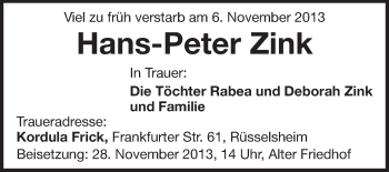 Traueranzeige von Hans-Peter Zink von Rüsselsheimer Echo, Groß-Gerauer-Echo, Ried Echo