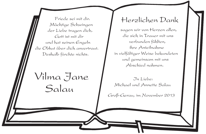  Traueranzeige für Vilma Jane Salau vom 23.11.2013 aus Rüsselsheimer Echo, Groß-Gerauer-Echo, Ried Echo