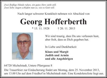 Traueranzeige von Georg Hofferberth von Odenwälder Echo