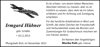 Traueranzeige von Irmgard Hübner  von Echo-Zeitungen (Gesamtausgabe)