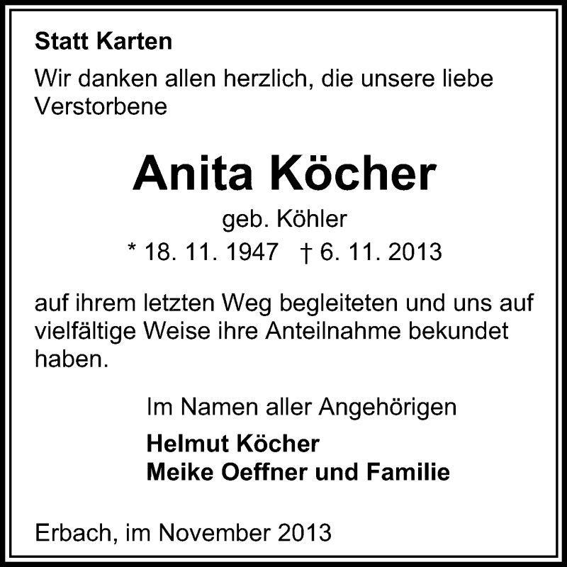  Traueranzeige für Anita Köcher vom 23.11.2013 aus Odenwälder Echo