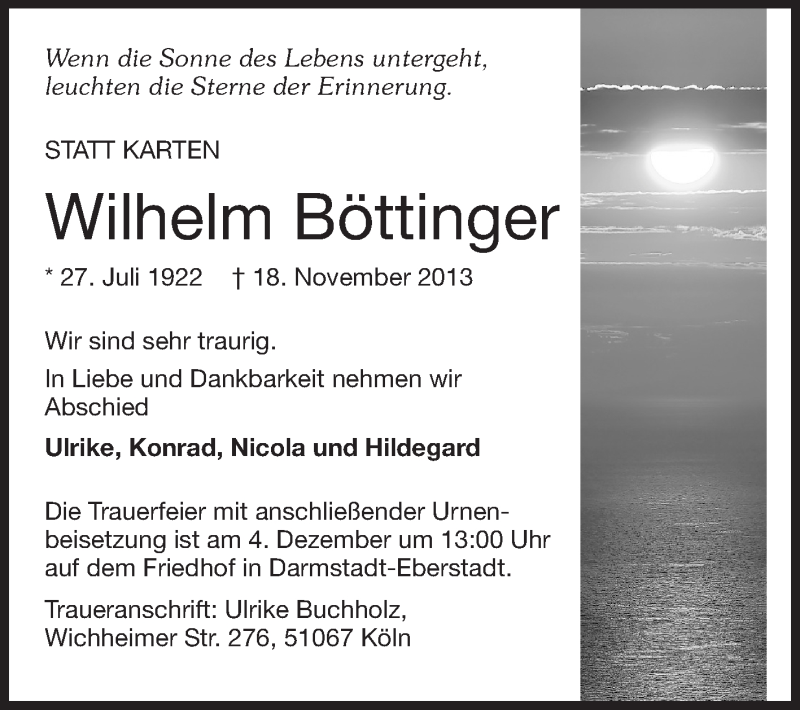  Traueranzeige für Wilhelm Böttinger vom 30.11.2013 aus Echo-Zeitungen (Gesamtausgabe)