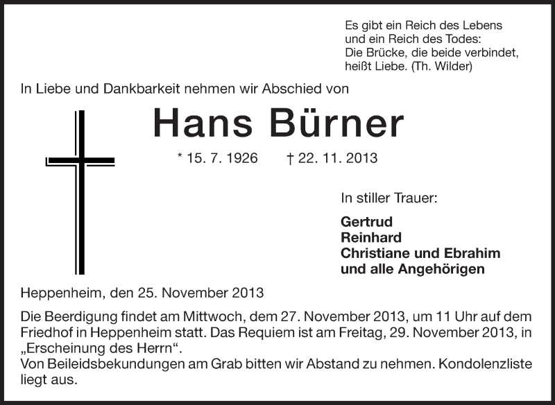  Traueranzeige für Hans Bürner vom 25.11.2013 aus Starkenburger Echo
