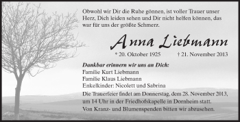 Traueranzeige von Anna Liebmann von Darmstädter Echo