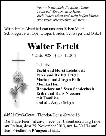 Traueranzeige von Walter Ertelt von Rüsselsheimer Echo, Groß-Gerauer-Echo, Ried Echo