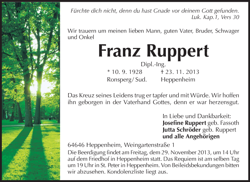  Traueranzeige für Franz Ruppert vom 26.11.2013 aus Starkenburger Echo