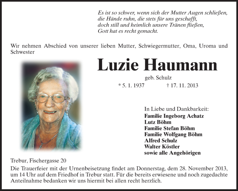  Traueranzeige für Luzie Haumann vom 26.11.2013 aus Rüsselsheimer Echo, Groß-Gerauer-Echo, Ried Echo