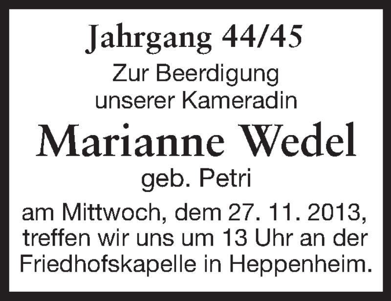  Traueranzeige für Marianne Wedel vom 26.11.2013 aus Starkenburger Echo