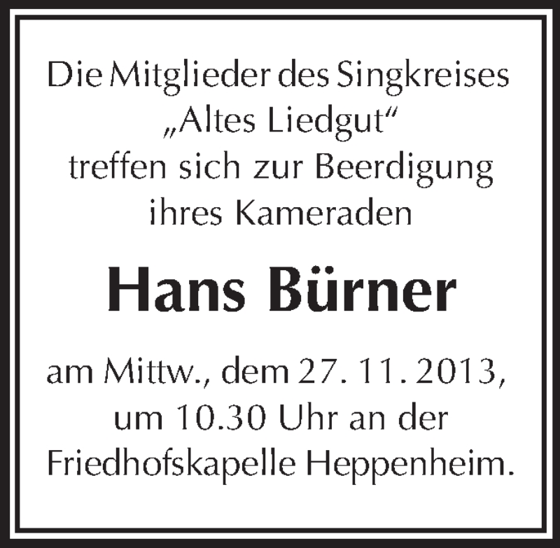  Traueranzeige für Hans Bürner vom 26.11.2013 aus Starkenburger Echo
