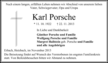 Traueranzeige von Karl Porsche von Odenwälder Echo
