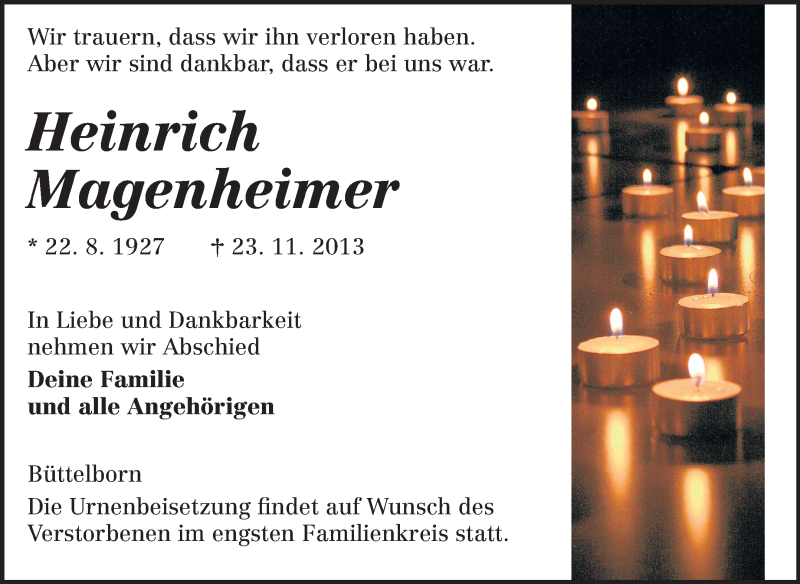  Traueranzeige für Heinrich Magenheimer vom 27.11.2013 aus Rüsselsheimer Echo, Groß-Gerauer-Echo, Ried Echo