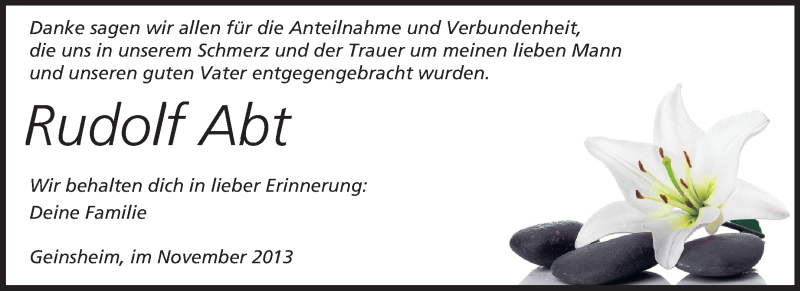  Traueranzeige für Rudolf Abt vom 30.11.2013 aus Rüsselsheimer Echo, Groß-Gerauer-Echo, Ried Echo