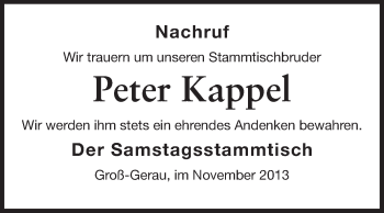 Traueranzeige von Peter Kappel von Rüsselsheimer Echo, Groß-Gerauer-Echo, Ried Echo