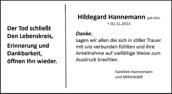 Traueranzeige von Hildegard Hannemann von Rüsselsheimer Echo, Groß-Gerauer-Echo, Ried Echo