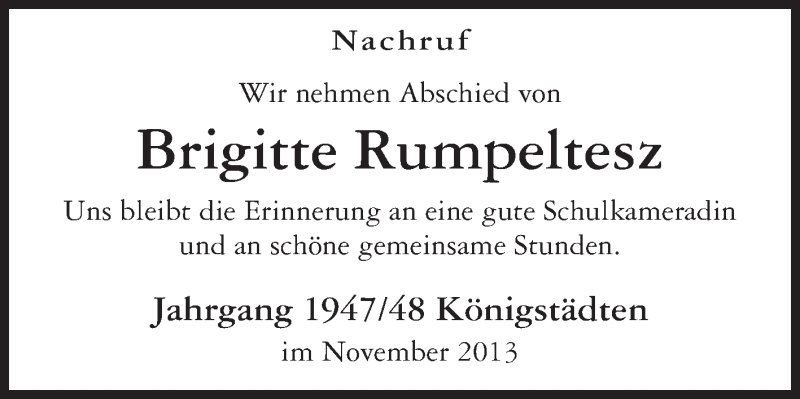  Traueranzeige für Brigitte Rumpeltesz vom 27.11.2013 aus Rüsselsheimer Echo, Groß-Gerauer-Echo, Ried Echo
