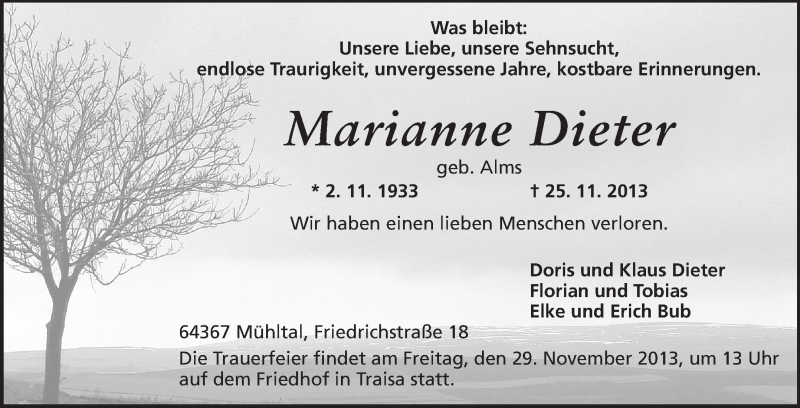  Traueranzeige für Marianne Dieter vom 28.11.2013 aus Echo-Zeitungen (Gesamtausgabe)
