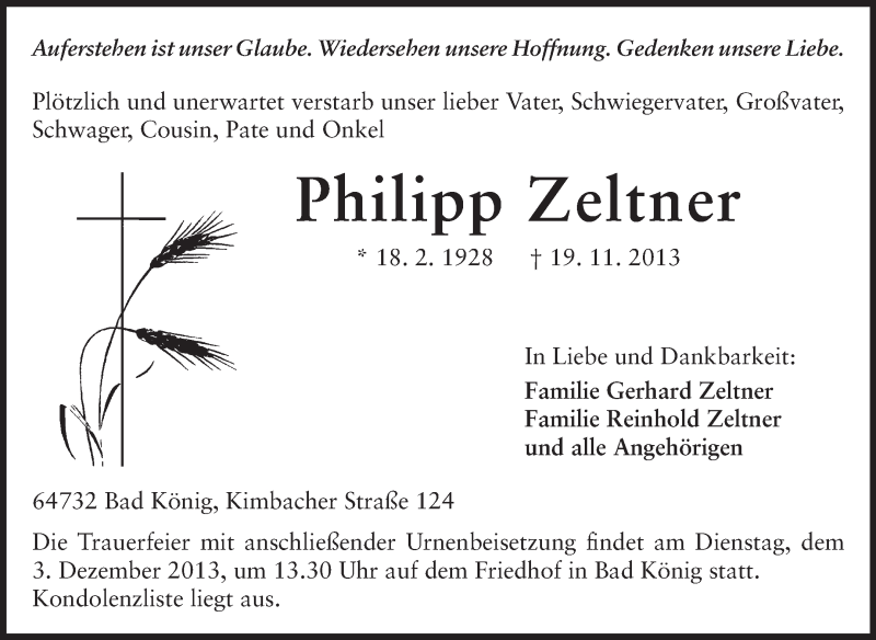  Traueranzeige für Philipp Zeltner vom 30.11.2013 aus Odenwälder Echo