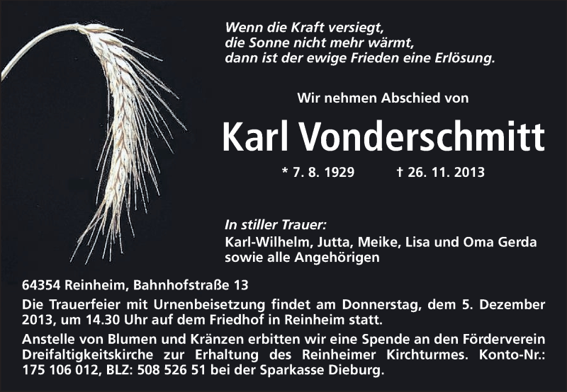  Traueranzeige für Karl Vonderschmitt vom 30.11.2013 aus Darmstädter Echo, Odenwälder Echo, Rüsselsheimer Echo, Groß-Gerauer-Echo, Ried Echo