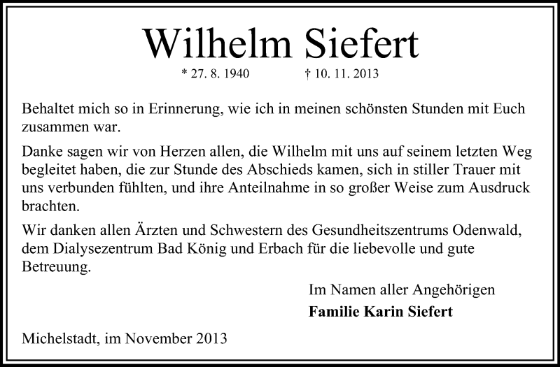  Traueranzeige für Wilhelm Siefert vom 30.11.2013 aus Odenwälder Echo