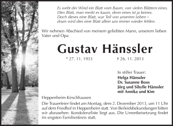 Traueranzeige von Gustav Hänssler von Starkenburger Echo