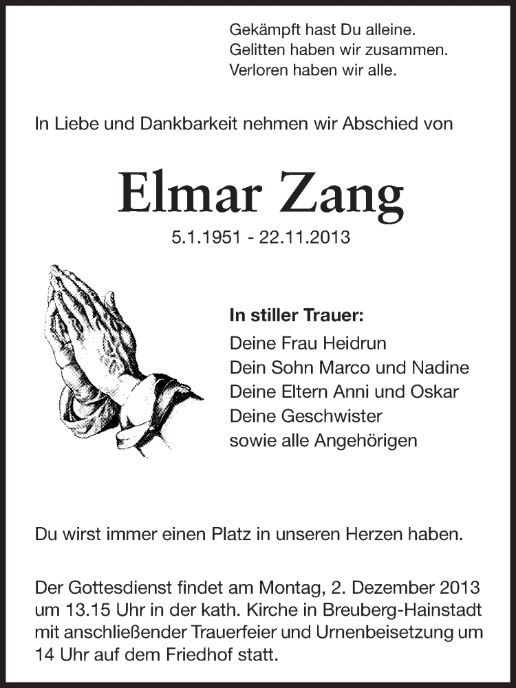  Traueranzeige für Elmar Zang vom 29.11.2013 aus Odenwälder Echo
