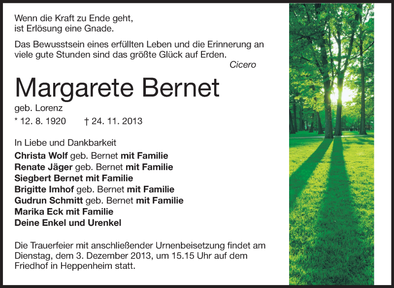  Traueranzeige für Margarete Bernet vom 29.11.2013 aus Starkenburger Echo