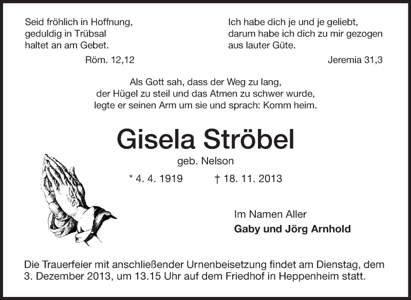  Traueranzeige für Gisela Ströbel vom 29.11.2013 aus Starkenburger Echo