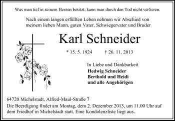 Traueranzeige von Karl Schneider von Odenwälder Echo