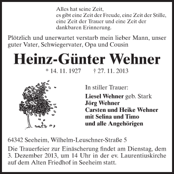 Traueranzeige von Heinz-Günter Wehner von Echo-Zeitungen (Gesamtausgabe)