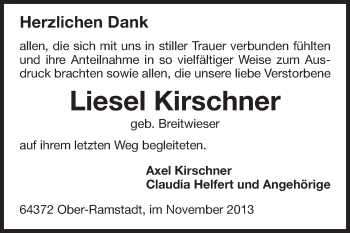 Traueranzeige von Liesel Kirschner von Echo-Zeitungen (Gesamtausgabe)