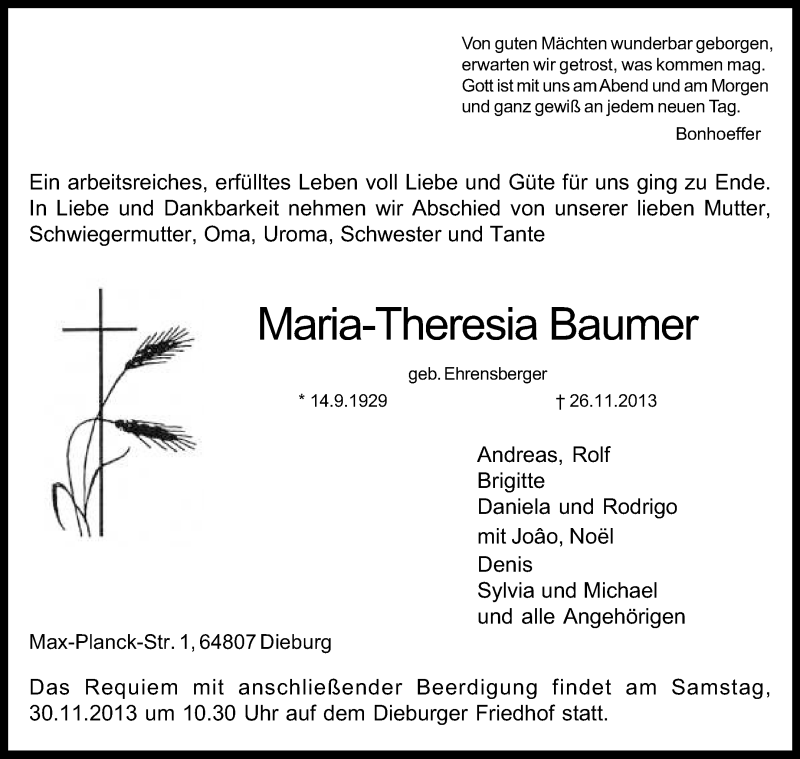  Traueranzeige für Maria-Theresa Baumer vom 29.11.2013 aus Echo-Zeitungen (Gesamtausgabe)