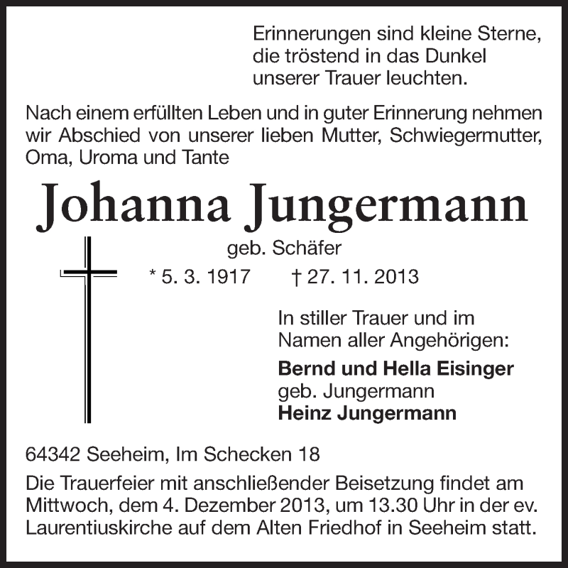  Traueranzeige für Johanna Jungermann vom 30.11.2013 aus Echo-Zeitungen (Gesamtausgabe)