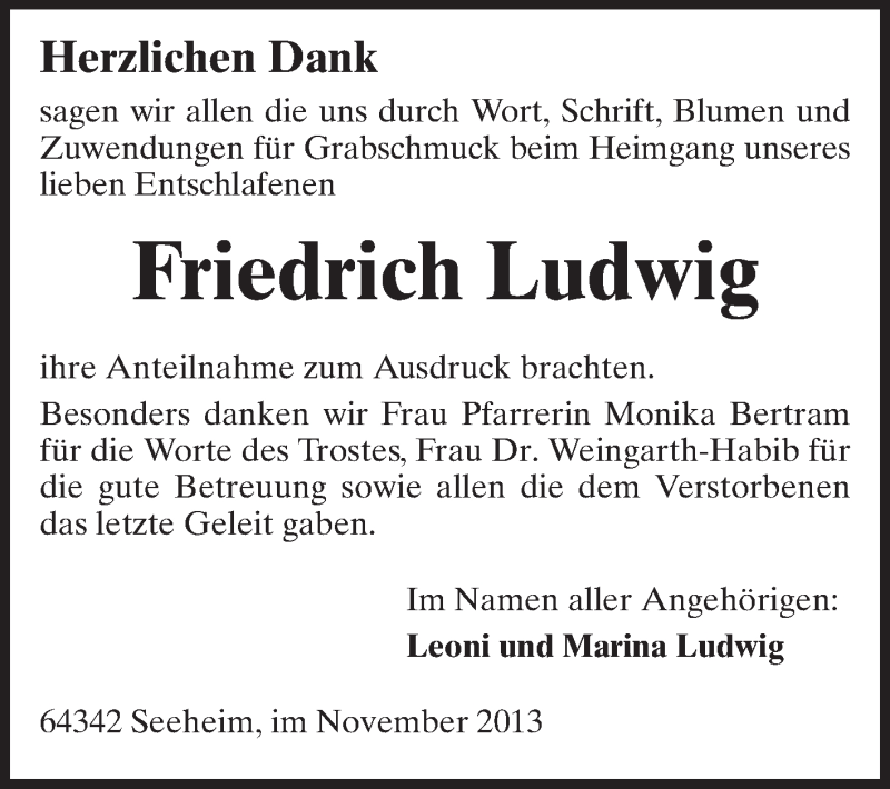  Traueranzeige für Friedrich Ludwig vom 30.11.2013 aus Echo-Zeitungen (Gesamtausgabe)
