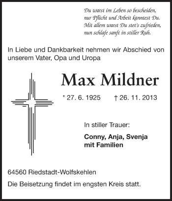 Traueranzeige von Max Mildner von Rüsselsheimer Echo, Groß-Gerauer-Echo, Ried Echo