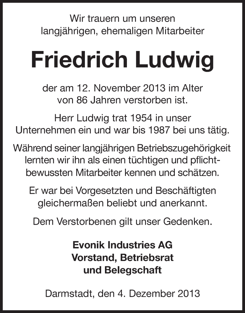  Traueranzeige für Friedrich Ludwig vom 30.11.2013 aus Echo-Zeitungen (Gesamtausgabe)