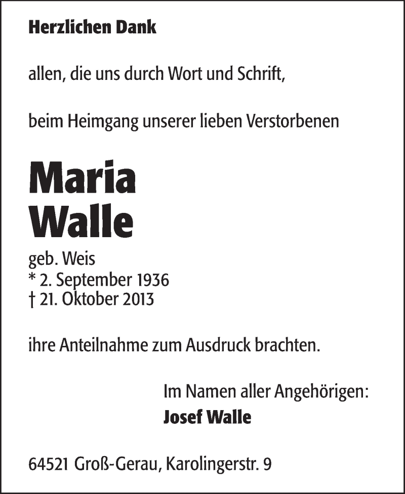  Traueranzeige für Maria Walle vom 04.12.2013 aus Rüsselsheimer Echo, Groß-Gerauer-Echo, Ried Echo