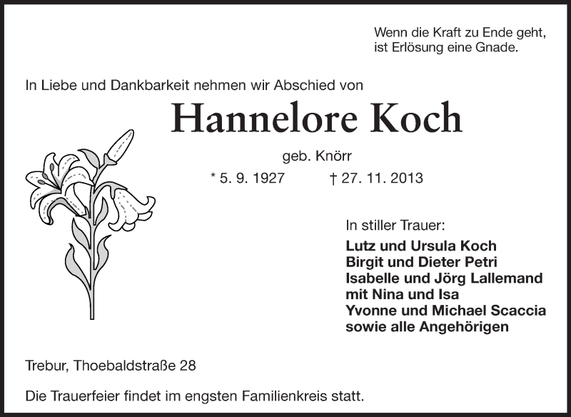  Traueranzeige für Hannelore Koch vom 02.12.2013 aus Rüsselsheimer Echo, Groß-Gerauer-Echo, Ried Echo