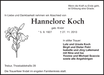 Traueranzeige von Hannelore Koch von Rüsselsheimer Echo, Groß-Gerauer-Echo, Ried Echo