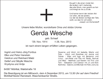 Traueranzeige von Gerda Wesche von Echo-Zeitungen (Gesamtausgabe)
