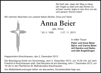 Traueranzeige von Anna Beier von Starkenburger Echo