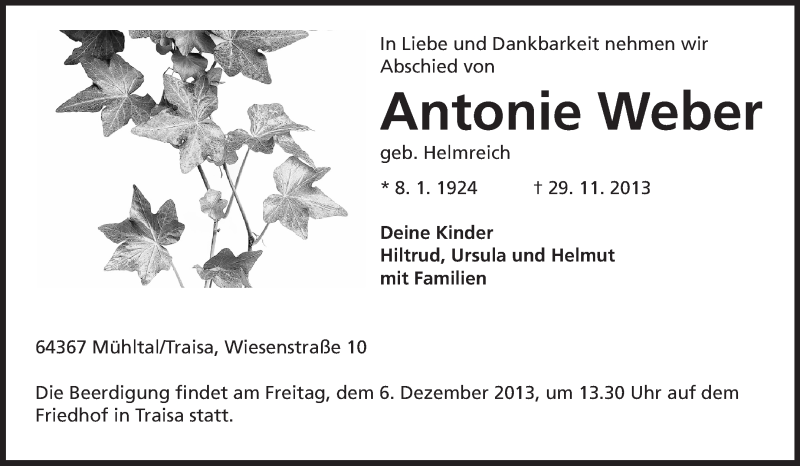  Traueranzeige für Antonie Weber vom 02.12.2013 aus Echo-Zeitungen (Gesamtausgabe)