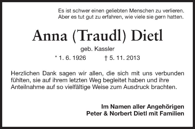  Traueranzeige für Anna Dietl vom 02.12.2013 aus Starkenburger Echo