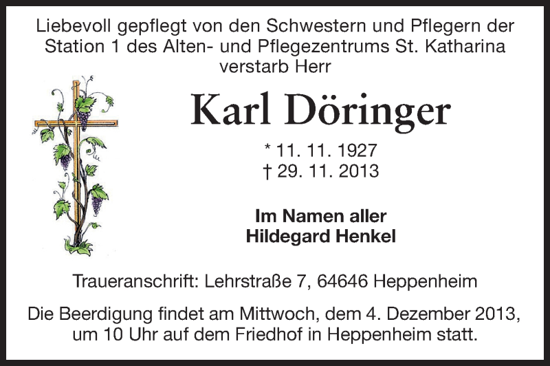  Traueranzeige für Karl Döringer vom 02.12.2013 aus Starkenburger Echo