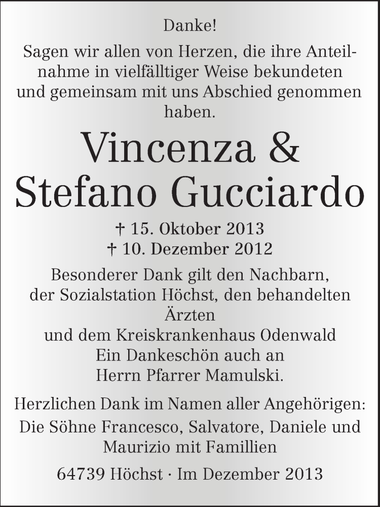  Traueranzeige für Vincenza und Stefano Gucciardo vom 10.12.2013 aus Odenwälder Echo