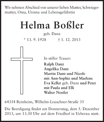 Traueranzeige von Helma Boßler von Darmstädter Echo, Odenwälder Echo, Rüsselsheimer Echo, Groß-Gerauer-Echo, Ried Echo