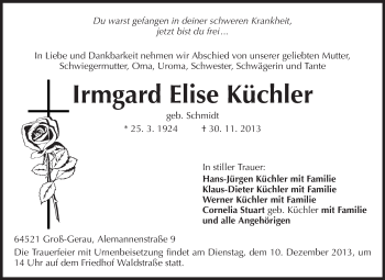 Traueranzeige von Irmgard Elise Küchler von Rüsselsheimer Echo, Groß-Gerauer-Echo, Ried Echo