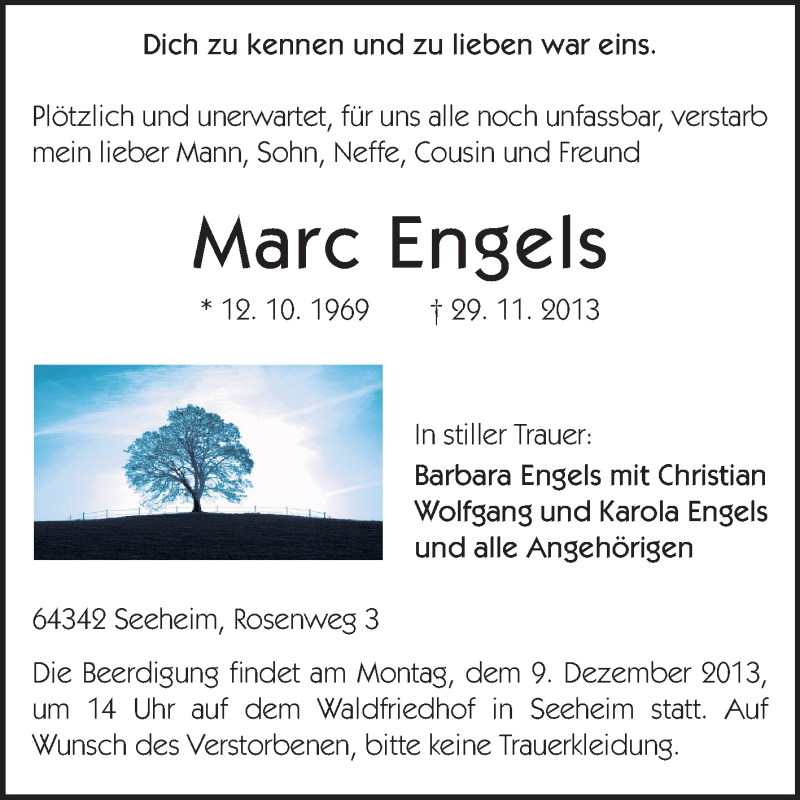  Traueranzeige für Marc Engels vom 04.12.2013 aus Echo-Zeitungen (Gesamtausgabe)