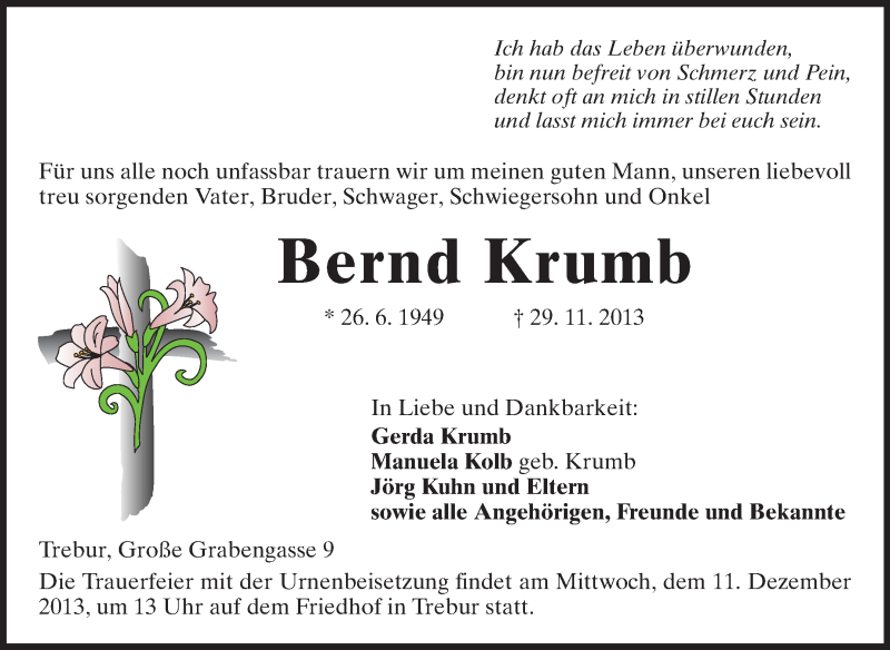  Traueranzeige für Bernd Krumb vom 07.12.2013 aus Rüsselsheimer Echo, Groß-Gerauer-Echo, Ried Echo